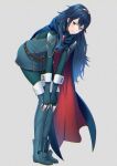 1girl ameno_(a_meno0) armor bangs belt blue_cape blue_eyes blue_footwear blue_gloves blue_hair blue_sweater boots brown_belt cape closed_mouth fingerless_gloves fire_emblem fire_emblem_awakening full_body gloves grey_background hair_between_eyes long_hair long_sleeves looking_at_viewer lucina_(fire_emblem) red_cape ribbed_sweater shoulder_armor simple_background smile solo sweater tiara two-tone_cape 