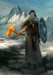  1girl absurdres axe blue_eyes brown_hair cape clouds cloudy_sky day expressionless fantasy fire fur_cape highres holding holding_axe long_hair looking_at_viewer mountain nature original outdoors parted_lips robe scenery shield sky snow solo sonech standing viking warrior weapon winter_clothes 