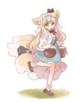  1girl animal animal_ear_fluff animal_ears arknights bag basket black_cat blonde_hair blue_hairband blush bow brown_footwear cat closed_mouth commentary_request fox_ears fox_girl fox_tail frilled_hairband frills full_body green_eyes hairband highres jacket kitsune kurumiht long_hair long_sleeves looking_at_viewer multicolored_hair open_clothes open_jacket puffy_long_sleeves puffy_sleeves red_bow shirt shoes shoulder_bag simple_background sleeves_past_wrists smile socks solo standing standing_on_one_leg suzuran_(arknights) tail two-tone_hair very_long_hair white_background white_hair white_jacket white_shirt white_socks 