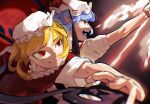  2girls blast-7 blonde_hair blue_hair blurry blurry_background blurry_foreground closed_mouth depth_of_field fang flandre_scarlet from_side full_body hat highres laevatein_(touhou) medium_hair mob_cap moon multiple_girls open_mouth pointy_ears puffy_short_sleeves puffy_sleeves red_background red_eyes red_moon red_ribbon red_vest remilia_scarlet ribbon ribbon-trimmed_headwear ribbon_trim shirt short_hair short_sleeves siblings sisters teeth touhou upper_body vest white_headwear white_shirt wrist_cuffs 