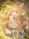 1girl absurdres animal_ear_fluff animal_ears arknights bangs blonde_hair blue_hairband blue_skirt brown_jacket commentary_request dafeiwurenkundexiangsi day flower fox_ears fox_girl fox_tail frilled_hairband frills hair_between_eyes hairband highres holding holding_flower jacket kitsune long_hair looking_at_viewer neck_ribbon open_clothes open_jacket outdoors pantyhose procreate_(medium) red_ribbon ribbon sample_watermark shirt skirt solo suzuran_(arknights) suzuran_(spring_praise)_(arknights) tail white_flower white_pantyhose white_shirt yellow_eyes