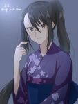  1girl absurdly_long_hair alternate_costume artist_name black_hair blue_kimono brown_eyes commentary_request dated floral_print highres japanese_clothes kantai_collection kimono long_hair nachi_(kancolle) one-hour_drawing_challenge side_ponytail solo very_long_hair wiwo yukata 