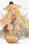 1girl absurdres animal_ear_fluff animal_ears arknights bag basket blonde_hair blue_eyes blue_hairband blue_skirt capelet commentary_request dated feet_out_of_frame fox_ears fox_girl fox_tail frilled_capelet frilled_hairband frills grey_background hairband head_tilt highres holding holding_basket kitsune long_hair long_sleeves looking_at_viewer luluya709 neck_ribbon pantyhose parted_lips puffy_long_sleeves puffy_sleeves red_ribbon ribbon shirt shoulder_bag signature simple_background skirt sleeves_past_wrists solo suzuran_(arknights) suzuran_(spring_praise)_(arknights) tail very_long_hair white_capelet white_pantyhose white_shirt