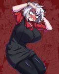  1girl black_vest blush breasts collared_shirt crazy_agong demon_girl demon_horns hands_in_hair helltaker highres horns large_breasts looking_at_viewer malina_(helltaker) pantyhose red_eyes red_shirt shirt short_hair solo solo_focus vest white_hair 
