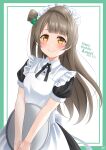 1girl absurdres apron black_ribbon blush border bow closed_mouth commentary_request green_border green_bow hair_bow happy_birthday haruharo_(haruharo_7315) highres holding holding_tray light_brown_hair love_live! love_live!_school_idol_project maid maid_apron maid_headdress minami_kotori neck_ribbon one_side_up puffy_short_sleeves puffy_sleeves ribbon short_sleeves smile solo tray upper_body yellow_eyes