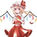  1girl ascot blonde_hair collared_shirt cowboy_shot flandre_scarlet frilled_shirt_collar frilled_sleeves frills hai_0909 hat highres long_hair mob_cap multicolored_wings orange_eyes puffy_short_sleeves puffy_sleeves red_skirt red_vest shirt short_sleeves side_ponytail simple_background skirt skirt_set solo steepled_fingers touhou vest white_background white_headwear white_shirt wings yellow_ascot 