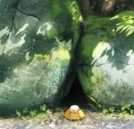  animal backpack bag basket bird boulder chick day fantasy forest hachiya_shohei highres looking_afar nature no_humans original outdoors paper rock rolled_up_paper scenery shadow standing 