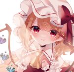 1girl alternate_wings ascot backlighting blonde_hair cacao_(cacaomgmg) clenched_hands closed_mouth collared_shirt flandre_scarlet frilled_shirt_collar frilled_skirt frilled_sleeves frills hat looking_at_viewer medium_hair mob_cap pout puffy_short_sleeves puffy_sleeves red_skirt red_vest shirt short_sleeves simple_background skirt solo touhou upper_body vest violet_eyes white_background white_headwear white_shirt wings wrist_cuffs yellow_ascot 