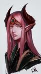 1girl diadem distr dungeons_and_dragons grey_background highres horns long_hair looking_at_viewer orange_eyes original parted_lips pink_hair pointy_ears portrait signature simple_background smile solo 