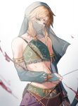  1boy arabian_clothes blonde_hair blue_veil bow_(weapon) bridal_gauntlets circlet closed_mouth crossdressing detached_sleeves gerudo_set_(zelda) gradient gradient_background highres holding holding_bow_(weapon) holding_weapon link looking_at_viewer mada_(shizhou) male_focus mouth_veil otoko_no_ko see-through simple_background solo the_legend_of_zelda the_legend_of_zelda:_breath_of_the_wild veil weapon 