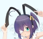  1girl :o absurdres animal_ears arms_up artist_name bangs chuunibyou_demo_koi_ga_shitai! commentary_request eyepatch fake_animal_ears floral_background green_eyes hair_ribbon highres medical_eyepatch one_side_up open_mouth portrait purple_hair rabbit_ears ribbon shiny shiny_hair sklt_(swyt8223) solo takanashi_rikka yellow_ribbon 