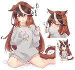 1girl animal_ears brown_hair commentary_request greyscale highres horse_ears horse_girl horse_tail ido_(teketeke) long_hair monochrome multicolored_hair multiple_views seiza simple_background sitting sleeves_past_wrists smelling sweatshirt symboli_rudolf_(umamusume) tail translation_request umamusume violet_eyes white_background white_hair 