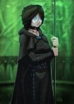  1girl artist_name bandages black_hair blurry blurry_background cape choker covered_eyes demon&#039;s_souls green_background highres holding holding_staff hood hood_down hooded_cape jewelry maiden_in_black necklace paint short_hair solo staff standing tovio_rogers 
