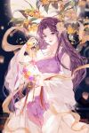  1girl branch clothing_cutout collar flower frilled_collar frills highres lin_yueru_(xian_jian_qi_xia_zhuan) long_hair long_sleeves mo_liang_zhen_de_buhui_zai_gu_liao moon night parted_lips purple_hair rabbit second-party_source shoulder_cutout solo upper_body xian_jian_qi_xia_zhuan_(series) 