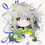  1girl 2018 ancoromochico bangs bird black_eyes blue_ribbon blush drawstring grey_hair hood hood_down illustration.media jacket leaf long_hair looking_at_viewer original portrait ribbon sleeves_past_wrists solo white_bird yellow_jacket 