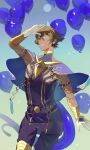  1boy alternate_eye_color aqua_eyes arjuna_(fate) arjuna_alter_(fate) armlet balloon bangs belt black_hair black_pants blue_cape blue_capelet blue_horns blue_tail cape capelet commentary_request cowboy_shot dark-skinned_male dark_skin fate/grand_order fate_(series) gloves gold_armor gold_trim gradient gradient_background hair_between_eyes hand_up highres horns indian_clothes light_particles looking_away male_focus myuzu0711 pants shadow short_hair sleeveless smile solo teeth vambraces white_gloves 