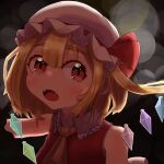  1girl ascot bare_shoulders close-up fangs flandre_scarlet frilled_shirt_collar frills grey_background hair_between_eyes hat highres looking_at_viewer mob_cap multicolored_wings nun_nue open_mouth red_eyes side_ponytail simple_background solo teeth touhou upper_body upper_teeth white_headwear wings yellow_ascot 