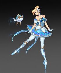  alternate_costume ballet_dress ballet_slippers bare_shoulders blonde_hair blue_eyes choker detached_sleeves gloves hair_bun hair_ornament highres league_of_legends league_of_legends:_wild_rift orianna_(league_of_legends) oskar_vega pantyhose puffy_detached_sleeves puffy_short_sleeves puffy_sleeves robot short_hair short_sleeves skirt smile sparkle star_(symbol) star_guardian_(league_of_legends) star_guardian_orianna star_guardian_pet white_gloves 