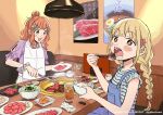  2girls :3 bangs blonde_hair bowl braid brown_eyes chopsticks commentary_request cooking eating food futaba_anzu gaburizawa griddle grill grilling hair_bun hair_ornament highres holding holding_chopsticks holding_plate idolmaster idolmaster_cinderella_girls long_hair looking_at_viewer low_twin_braids low_twintails meat moroboshi_kirari multiple_girls open_mouth orange_hair overalls plate poster_(object) restaurant rice_bowl single_hair_bun star_(symbol) star_hair_ornament tongs twin_braids twintails yakiniku 