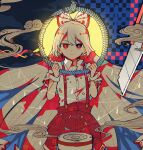  1girl backlighting bangs blade blunt_bangs bow bright_pupils cable checkered_background closed_mouth collared_shirt cowboy_shot electric_plug floating_hair fujiwara_no_mokou hair_bow hands_up high-waist_pants highres holding holding_rope itomugi-kun long_hair looking_at_viewer pants polka_dot puffy_pants red_eyes red_pants rope serious shirt shirt_tucked_in short_sleeves solo suspenders torn_clothes torn_sleeves touhou very_long_hair vignetting w_arms white_bow white_hair white_pupils white_shirt wing_collar wrist_cuffs 