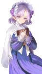  1girl book commentary copyright_request dress highres hitaki_yuu holding holding_book long_sleeves looking_at_viewer medium_hair parted_lips pointy_ears purple_dress purple_hair simple_background solo symbol-only_commentary violet_eyes white_background 