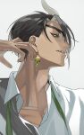  1boy absurdres adam&#039;s_apple aragami_oga black_hair collared_shirt dangle_earrings dark-skinned_male dark_skin diamond_earrings earrings eyepatch green_eyes green_necktie hair_over_one_eye hand_up highres holostars horns jewelry looking_to_the_side male_focus naizou_bug necktie open_collar parted_lips profile sharp_teeth shirt short_hair simple_background single_horn solo teeth undone_necktie upper_body virtual_youtuber white_background white_shirt 