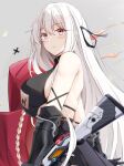 1girl bangs bare_shoulders black_gloves blush breasts closed_mouth elbow_gloves from_side girls_frontline gloves grey_background gun hair_ornament highres kar98k_(girls&#039;_frontline) keenh large_breasts long_hair looking_at_viewer red_eyes solo weapon white_hair 