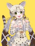  1girl animal_costume animal_ear_fluff animal_ears bow bowtie cat_ears cat_girl cat_tail commentary_request geoffroy&#039;s_cat_(kemono_friends) green_eyes grey_hair highres itoma_yuko kemono_friends kemono_friends_v_project long_hair looking_at_viewer open_mouth ribbon shirt simple_background skirt smile solo tail twintails virtual_youtuber yellow_background 