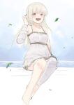  1girl barefoot blonde_hair dress full_body hand_up highres leaf lindruby_73 long_hair looking_at_viewer open_mouth original red_eyes sitting smile solo white_dress 