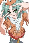  1girl aqua_hair center_frills dress feet_out_of_frame foreshortening frills from_above green_eyes highres kororopon looking_at_viewer medium_hair monogatari_(series) ononoki_yotsugi open_mouth orange_dress puffy_short_sleeves puffy_sleeves shadow short_sleeves solo 