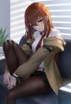  1girl bangs belt black_shorts blue_eyes breasts brown_jacket brown_pantyhose collared_shirt couch highres indoors jacket knee_up long_hair long_sleeves makise_kurisu medium_breasts necktie off_shoulder on_couch open_clothes open_jacket orange_hair pantyhose pantyhose_under_shorts parted_lips plant potted_plant red_necktie shirt short_shorts shorts sion_(9117) sitting smile solo steins;gate white_shirt 