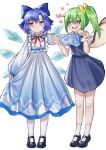  2girls absurdres adapted_costume ailu_elf bangs black_footwear blue_bow blue_dress blue_eyes blue_hair blue_skirt blue_vest bow cirno closed_mouth commentary_request daiyousei dress drooling embarrassed fairy_wings frills full_body gradient_dress green_hair hair_bow hair_ornament hairclip heart highres holding_another&#039;s_arm ice ice_wings long_hair long_sleeves looking_at_another looking_away mary_janes medium_hair mouth_drool multicolored_clothes multicolored_dress multiple_girls one_side_up open_mouth outstretched_arm pantyhose puffy_short_sleeves puffy_sleeves shirt shoes short_sleeves simple_background skirt skirt_hold socks touhou vest white_background white_dress white_pantyhose white_shirt white_socks wings yellow_bow 