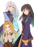  3girls black_hair blonde_hair blue_dress dress green_eyes hrist_valkyrie lenneth_valkyrie long_hair long_sleeves low-braided_long_hair multiple_girls purple_dress red_eyes siblings silmeria_valkyrie sisters tomo_(yukimikan) valkyrie_profile violet_eyes white_hair 