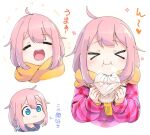  &gt;_&lt; 1girl ahoge baozi blue_eyes blush chewing eating food happy holding_breath hood hoodie jacket kagamihara_nadeshiko magenta_(atyana) multicolored_clothes multicolored_jacket pink_hair pink_hoodie pink_jacket plaid plaid_hoodie plaid_jacket short_hair smile two-tone_hoodie two-tone_jacket yellow_hood yellow_hoodie yurucamp 