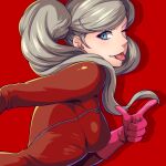  1girl absurdres bangs blue_eyes blueriest bodysuit breasts floating_hair from_side gloves grey_hair highres long_hair medium_breasts persona persona_5 pink_gloves red_background red_bodysuit shadow shiny shiny_hair solo swept_bangs takamaki_anne tongue tongue_out twintails very_long_hair zipper 