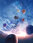  1girl absurdres arm_up bad_proportions balloon barefoot clouds floral_print full_body furi0831 highres lens_flare original outdoors scenery shirt skirt sky solo sunset white_shirt 