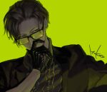  1boy black_gloves black_hair black_jacket glasses gloves jacket looking_at_viewer makoto_kohuku male_focus original simple_background solo tinted_eyewear upper_body yellow_background 