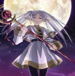  1girl belt black_pantyhose capelet commentary_request cowboy_shot earrings elf frieren full_moon green_eyes highres holding holding_staff jewelry key_visual long_hair long_sleeves looking_at_viewer moon official_art pantyhose pointy_ears promotional_art solo sousou_no_frieren staff twintails white_capelet white_hair 