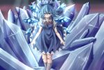  1girl blue_bow blue_dress blue_eyes blue_hair blue_theme blue_wings blush bow breasts cirno closed_mouth collared_shirt dress feet_out_of_frame frown hair_between_eyes hair_bow highres ice ice_wings kneehighs kororopon looking_at_viewer medium_hair neck_ribbon pinafore_dress puffy_short_sleeves puffy_sleeves red_ribbon ribbon shirt short_sleeves small_breasts socks solo touhou white_shirt white_socks wings 