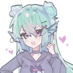  1girl bangs black_choker black_hoodie choker double_bun finana_ryugu green_hair hair_between_eyes hair_bun head_fins heart highres hood hoodie kuromi nekokun_(doki_mirai) nijisanji nijisanji_en onegai_my_melody pointing pointing_up portrait sketch solo violet_eyes virtual_youtuber white_background 