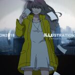  10xxx05 1girl 2018 bangs bright_pupils city cowboy_shot drawstring dress grey_eyes grey_hair holding illustration.media jacket jewelry long_hair necklace original paper solo white_dress white_pupils yellow_jacket 