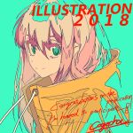  1girl 2018 aqua_background cogecha drawstring flat_color green_eyes hair_between_eyes highres illustration.media ligne_claire long_hair looking_at_viewer original pink_hair signature simple_background solo upper_body 