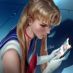  1girl 2020 banned_artist bishoujo_senshi_sailor_moon blonde_hair blue_eyes blue_sailor_collar blush bow bowtie cellphone choker circlet closed_mouth elbow_gloves gloves hair_ornament heart heart_choker holding holding_phone long_hair meme phone red_bow red_bowtie red_choker sailor_collar sailor_moon sailor_moon_redraw_challenge_(meme) shiny shiny_hair shirt signature sleeveless sleeveless_shirt smartphone solo sweatdrop upper_body very_long_hair white_gloves white_shirt zumi_(zumidraws) 