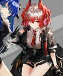  2girls animal_ears arknights bird_ears bird_girl black_gloves black_jacket blue_eyes blue_hair demon_horns feather_hair fiammetta_(arknights) fur-trimmed_hood fur_trim gloves hood hooded_jacket horns jacket kyushi_(user_41158199) long_hair long_sleeves looking_at_viewer mostima_(arknights) multiple_girls necktie red_eyes red_necktie redhead shirt short_hair sitting smile v white_shirt 