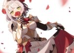  1girl armor armored_dress ascot bangs blush braid braided_bangs breasts commentary_request dress flower gauntlets genshin_impact green_eyes grey_hair hair_flower hair_ornament highres holding holding_flower large_breasts looking_at_viewer nkgmgs noelle_(genshin_impact) petals red_ascot red_flower red_rose rose short_hair simple_background skirt_hold solo white_background 