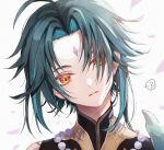  1boy ? bangs bead_necklace beads black_hair blue_hair facial_mark forehead_mark genshin_impact hair_over_one_eye highres jewelry looking_at_viewer male_focus multicolored_hair necklace orange_eyes parted_lips petals portrait seri_gnsn simple_background solo xiao_(genshin_impact) 