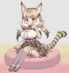  1girl animal_costume animal_ear_fluff animal_ears belt cat_ears cat_girl cat_tail elbow_gloves gloves green_eyes grey_hair highres jungle_cat_(kemono_friends) kemono_friends kemono_friends_v_project kneehighs long_hair looking_at_viewer microphone ribbon shirt shoes simple_background skirt socks solo tail twintails virtual_youtuber zzz_ansh 