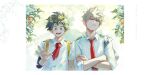  2boys :d bakugou_katsuki bangs blonde_hair boku_no_hero_academia collared_shirt crossed_arms freckles green_eyes green_hair highres midoriya_izuku multiple_boys necktie red_necktie school_uniform shirt short_hair short_necktie short_sleeves shoulder-to-shoulder smile teeth translation_request u.a._school_uniform unou_(unou_mha) upper_body white_background white_shirt 