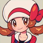  1girl blush bow brown_eyes brown_hair cabbie_hat chueog closed_mouth collarbone commentary grey_background hat hat_bow long_hair looking_at_viewer lowres lyra_(pokemon) pokemon pokemon_(game) pokemon_hgss portrait red_bow red_shirt shirt smile solo twintails white_headwear 