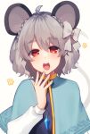  1girl animal_ears bangs blue_capelet blush bow buck_teeth capelet commentary_request dress frilled_capelet frills grey_bow grey_dress grey_hair hair_bow highres katsuobushi_(eba_games) long_sleeves mouse_ears mouse_girl mouse_tail nazrin open_mouth red_eyes shirt short_hair solo tail teeth thick_eyebrows touhou upper_teeth white_shirt yawning 